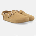 Haflinger Clog Faro Beige (Cappuccino) aus Leder mit Korkfußbett und verstellbaren Schnallen Seitenansicht
