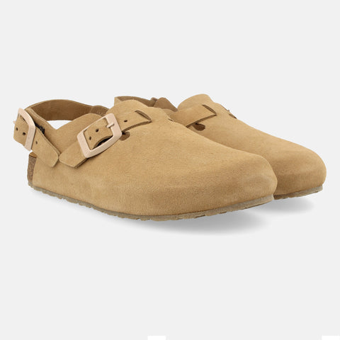 Haflinger Clog Faro Beige (Cappuccino) aus Leder mit Korkfußbett und verstellbaren Schnallen Seitenansicht