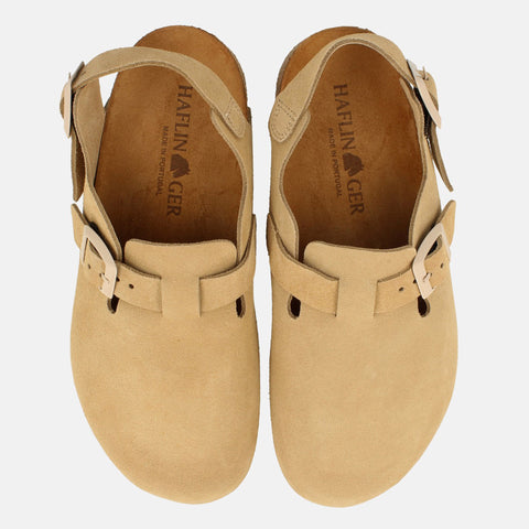 Haflinger Clog Faro Beige (Cappuccino) aus Leder mit Korkfußbett und verstellbaren Schnallen Vogelperspektive