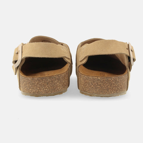 Haflinger Clog Faro Beige (Cappuccino) aus Leder mit Korkfußbett und verstellbaren Schnallen Hinteransicht