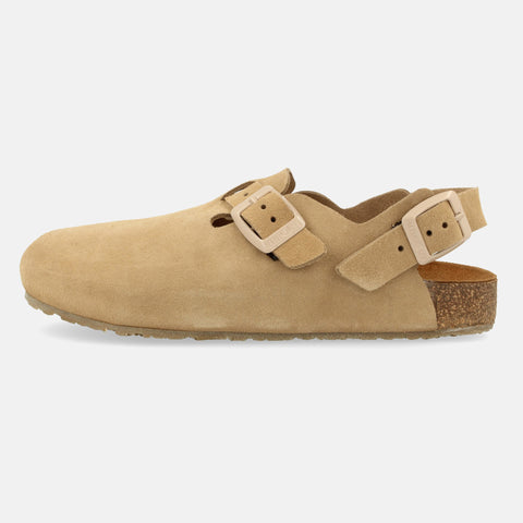 Haflinger Clog Faro Beige (Cappuccino) aus Leder mit Korkfußbett und verstellbaren Schnallen Seitenansicht