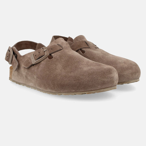 Haflinger Clog Faro Braun (Greige) aus Leder mit Korkfußbett und verstellbaren Schnallen Seitenansicht