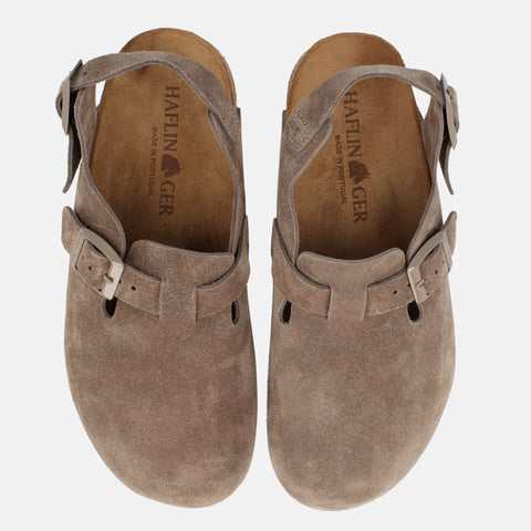 Haflinger Clog Faro Braun (Greige) aus Leder mit Korkfußbett und verstellbaren Schnallen Vogelperspektive