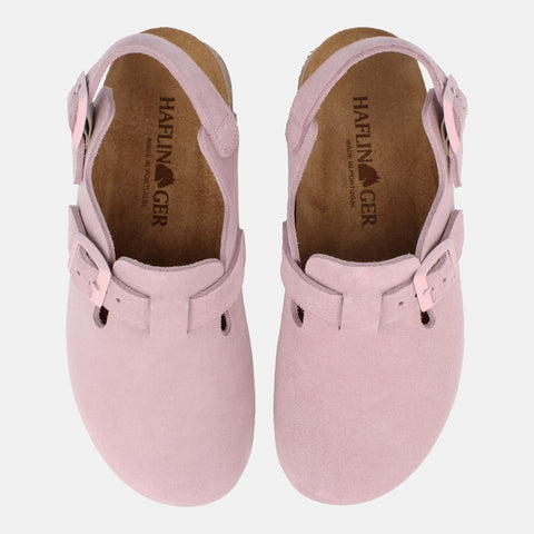 Haflinger Clog Faro Rosa aus Leder mit Korkfußbett und verstellbaren Schnallen Vogelperspektive