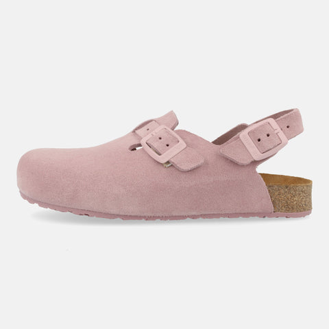 Haflinger Clog Faro Rosa aus Leder mit Korkfußbett und verstellbaren Schnallen Seitenansicht