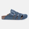 Haflinger Clog Lisboa in Blau (Jeans) aus Leder mit Korkfußbett und verstellbarer Schnalle Seitenansicht