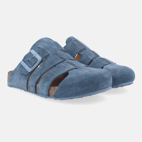 Haflinger Clog Lisboa in Blau (Jeans) aus Leder mit Korkfußbett und verstellbarer Schnalle