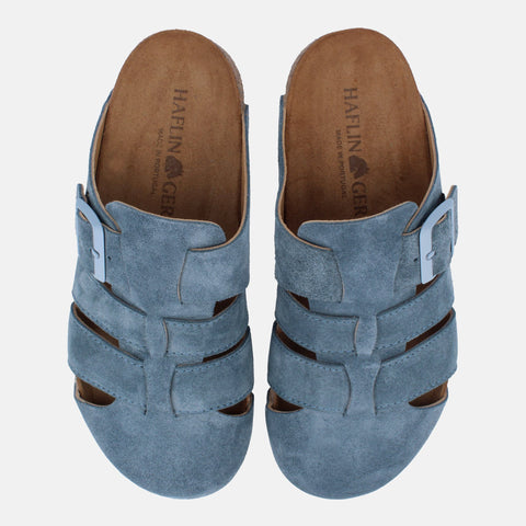 Haflinger Clog Lisboa in Blau (Jeans) aus Leder mit Korkfußbett und verstellbarer Schnalle Vogelperspektive