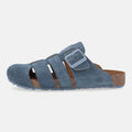 Haflinger Clog Lisboa in Blau (Jeans) aus Leder mit Korkfußbett und verstellbarer Schnalle