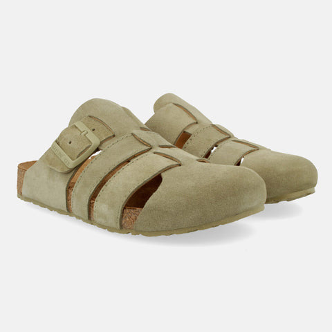 Haflinger Clog Lisboa in Grün (Salbei) aus Leder mit Korkfußbett und verstellbarer Schnalle