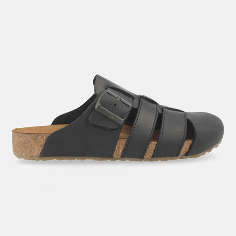 Haflinger Clog Lisboa in Schwarz (Schwarz) aus Leder mit Korkfußbett und verstellbarer Schnalle Seitenansicht