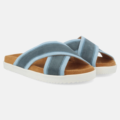 Haflinger Sandale Palma in Blau (Jeans) aus Leder mit zwei überkreuzten Riemen Seitenansicht