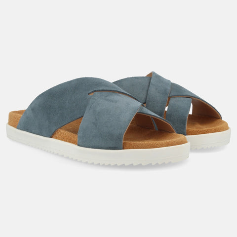 Haflinger Sandale Palma in Blau (Jeans) aus Leder mit zwei überkreuzten Riemen Seitenansicht