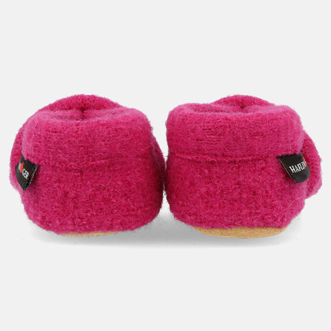 Haflinger Baby Krabbelschuh Lorenz in Pink (Inka) aus reiner Schurwolle mit Ledersohle Hinteransicht