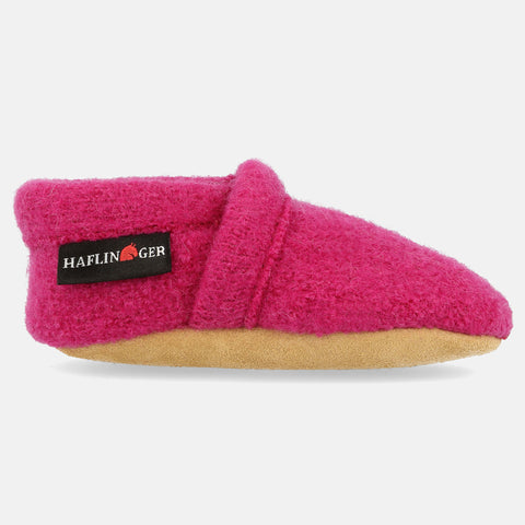 Haflinger Baby Krabbelschuh Lorenz in Pink (Inka) aus reiner Schurwolle mit Ledersohle Seitenansicht