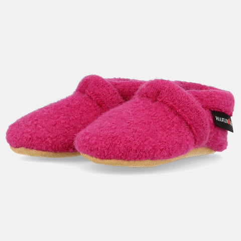 Haflinger Baby Krabbelschuh Lorenz in Pink (Inka) aus reiner Schurwolle mit Ledersohle Seitenansicht
