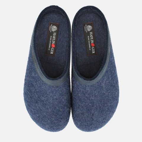 Haflinger Clog Torben in Blau (Jeans) aus Filz mit Lederband und Korkfußbett Vogelperspektive
