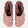 Haflinger Clog Cuoricini in Pink (Rosenholz) aus Filz mit Herzmuster und Korkfußbett Vogelperspektive