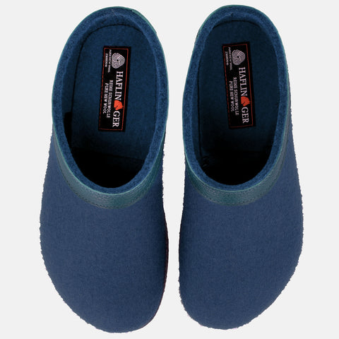 Haflinger Clog Torben in Blau (Kaskade) aus Filz mit Lederband und Korkfußbett Vogelperspektive