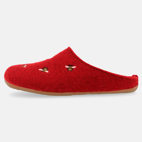 Haflinger Filzpantoffel Api in Rot (Rubin) aus Filz mit Gummisohle und Bienenapplikation Seitenansicht