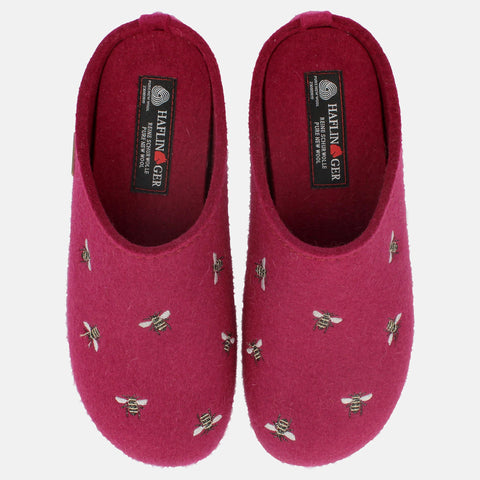 Haflinger Filzpantoffel Api in Rosa (Port) aus Filz mit Gummisohle und Bienenapplikation Vogelperspektive