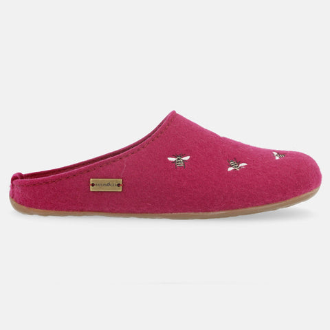 Haflinger Filzpantoffel Api in Rosa (Port) aus Filz mit Gummisohle und Bienenapplikation Seitenansicht