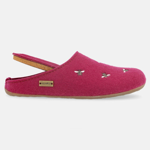 Haflinger Filzpantoffel Api in Rosa (Port) aus Filz mit Gummisohle und Bienenapplikation Seitenansicht