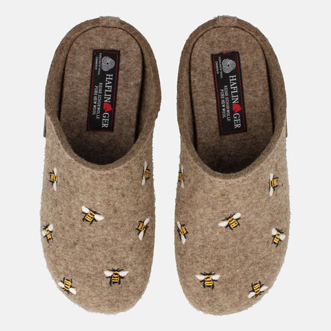 Haflinger Filzpantoffel Api in Beige (Torf) aus Filz mit Gummisohle und Bienenapplikation Vogelperspektive