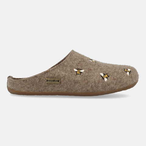 Haflinger Filzpantoffel Api in Beige (Torf) aus Filz mit Gummisohle und Bienenapplikation Seitenansicht