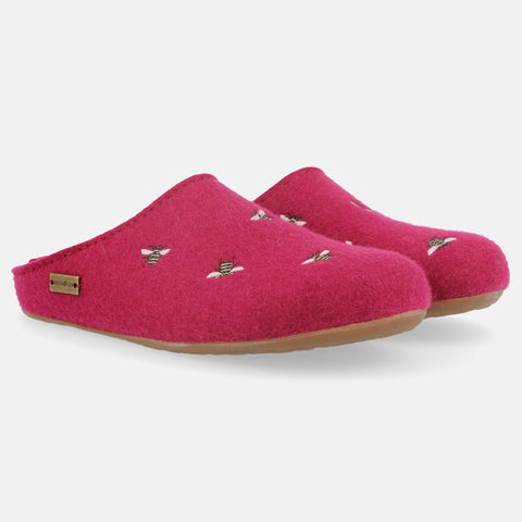 Haflinger Filzpantoffel Api in Rosa (Port) aus Filz mit Gummisohle und Bienenapplikation Seitenansicht
