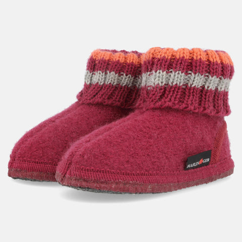 Haflinger Hüttenschuh Paul in Pink (Burgund) aus reiner Schurwolle mit Latex beschichteter Filzsohle Seitenansicht
