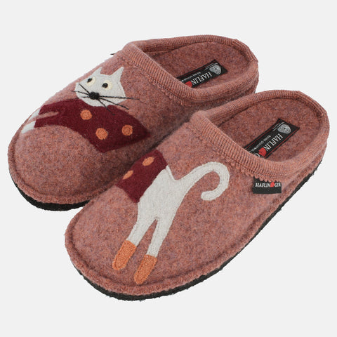 Haflinger Pantoffel Cucho in Rose (Kupfer Mele) aus reiner Schurwolle  mit Katzenapplikation und Filzsohle Seitenansicht