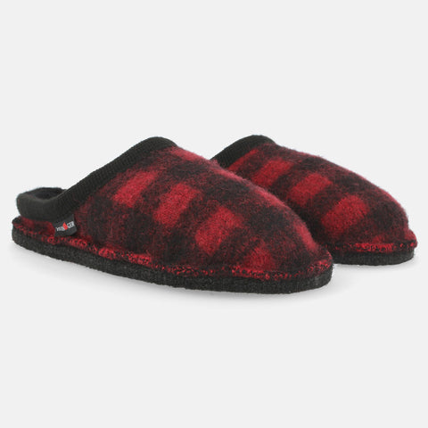 Haflinger Pantoffel Plaid in Rot (Paprika) aus Schurwolle im Schachmuster mit Filzsohle Seitenansicht