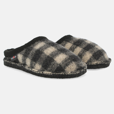 Haflinger Pantoffel Plaid in Weiss (Rohweiss) aus Schurwolle im Schachmuster mit Filzsohle Seitenansicht
