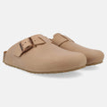 Haflinger Clog Porto in Taupe aus Leder mit Korkfußbett und verstellbarer Schnalle Seitenansicht