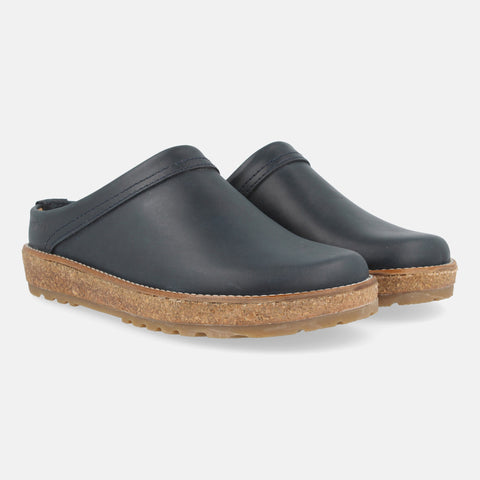 Haflinger Lederclog Travel Classic in Blau (Navy) aus Leder mit weichem Fußbett perfekt für drinnen und draußen Seitenansicht