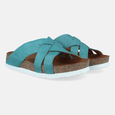 Haflinger Sandale Bo in Blau (Country Aqua) aus Leder mit Riemen in Flechtoptik Seitenansicht