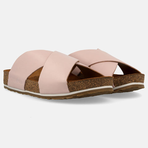 Haflinger Sandale Mio in Pink (Rose) aus Leder mit überkreuzten Riemen und Korkfußbett Seitenansicht