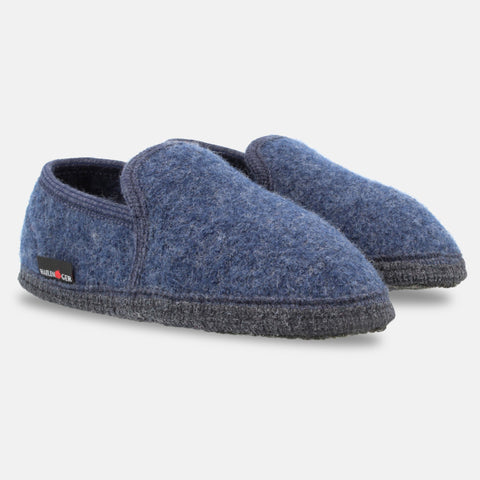 Haflinger Slipper Loafer in Blau (Jeans) aus Walkstoff mit Filzsohle Seitenansicht