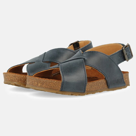 Haflinger Sandale Tom in Blau (Bali) aus Leder mit Riemen und Schnalle mit Korkfußbett Seitenansicht