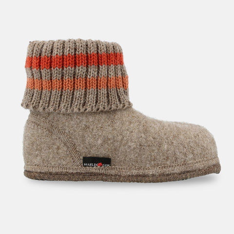 Haflinger Hüttenschuh Paul in Beige (Beigemeliert Öko) aus reiner Schurwolle mit Latex beschichteter Filzsohle Seitenansicht
