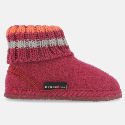 Haflinger Hüttenschuh Paul in Pink (Burgund) aus reiner Schurwolle mit Latex beschichteter Filzsohle Seitenansicht