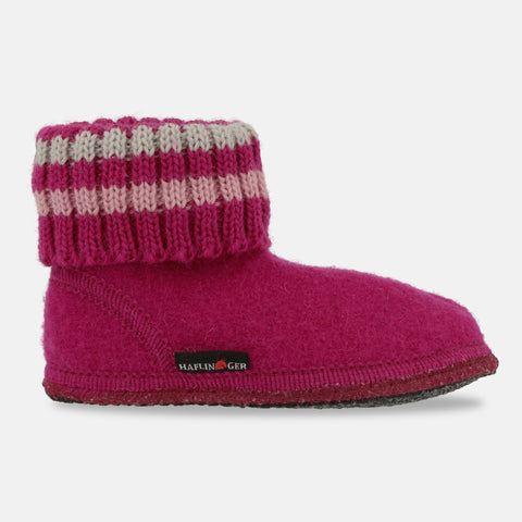 Haflinger Hüttenschuh Paul in Rosa (Kardinal) aus reiner Schurwolle mit Latex beschichteter Filzsohle Seitenansicht