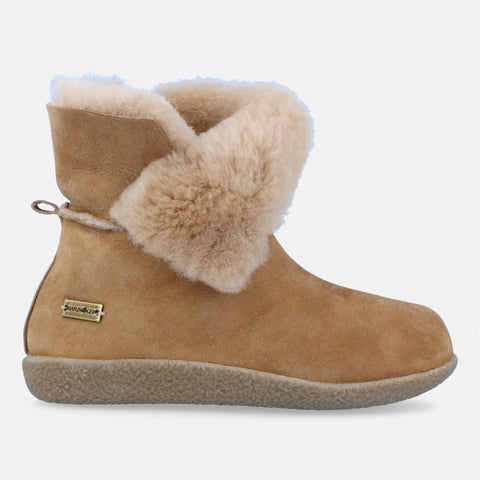 Haflinger Lammfellhausschuh Lemmi in Beige (Beigemeliert Öko) aus Leder mit Lammfellfutter und thermoplastische Gummisohle Seitenansicht
