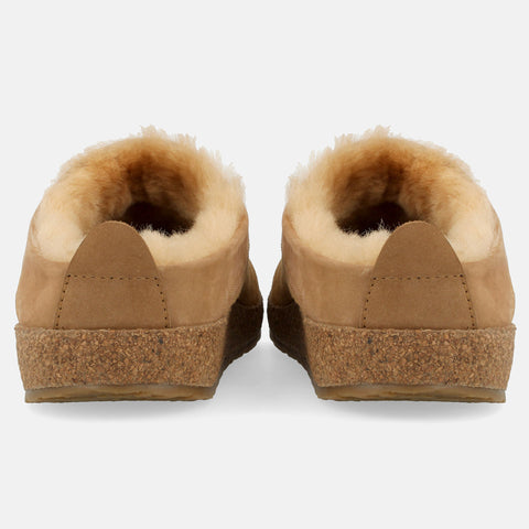 Haflinger Lammfellclog Snowbird in Beige (Beigemeliert Öko) aus Leder mit Lammfell und Korkfußbett Hinteransicht