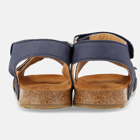 Haflinger Kindersandale Max in Blau (Ocean) aus Leder mit Schnalle, Klettverschluss und Korkfußbett Hinteransicht