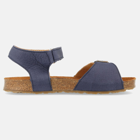 Haflinger Kindersandale Max in Blau (Ocean) aus Leder mit Schnalle, Klettverschluss und Korkfußbett Seitenansicht