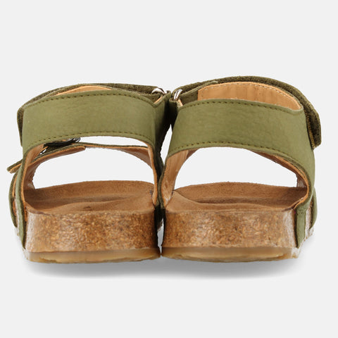Haflinger Kindersandale Max in Grün (Khaki) aus Leder mit Schnalle, Klettverschluss und Korkfußbett Hinteransicht