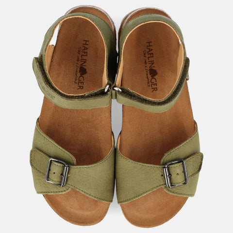 Haflinger Kindersandale Max in Grün (Khaki) aus Leder mit Schnalle, Klettverschluss und Korkfußbett Vogelperspektive