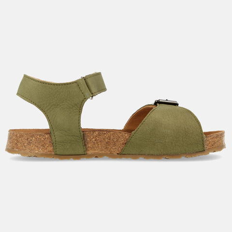Haflinger Kindersandale Max in Grün (Khaki) aus Leder mit Schnalle, Klettverschluss und Korkfußbett Seitenansicht